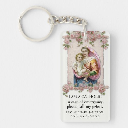 Catholic ID Virgin Mary Baby Jesus Pink Roses  Keychain