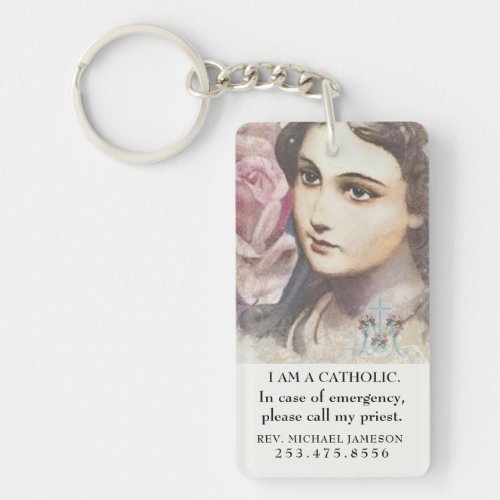 Catholic ID Virgin Mary Vintage Pink Roses   Keychain