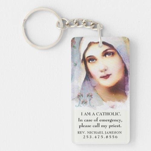 Catholic ID Virgin Mary Vintage Pink Roses Keychain