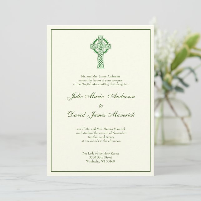 Catholic Irish Celtic Cross Green Ivory  Invitatio Invitation (Standing Front)