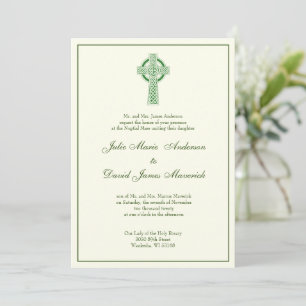 Catholic Irish Celtic Cross Green Ivory  Invitatio Invitation