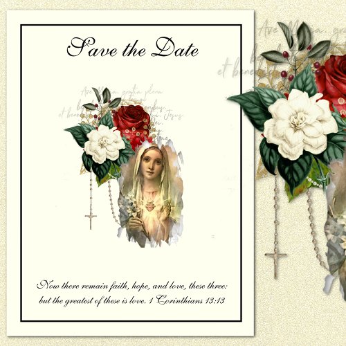 Catholic Ivory Elegant Virgin Mary  SAVE THE DATE  Announcement Postcard