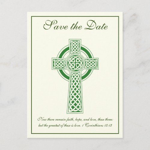 Catholic Ivory Green Celtic Cross Wedding Announcement Postcard