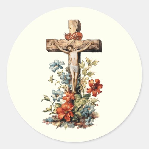  Catholic Jesus Crucifixion Floral Cross Classic Round Sticker