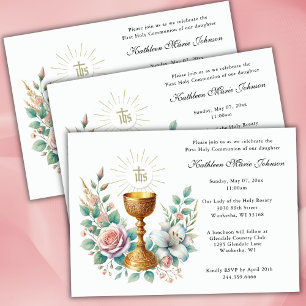 Catholic Jesus First Communion Floral Invitations