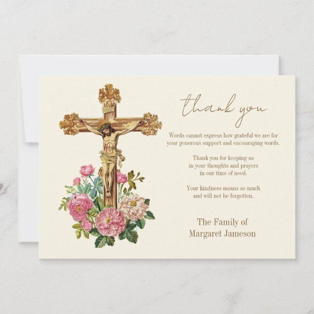 Catholic Jesus Floral Funeral Condolence Sympathy Thank You Card (Front)