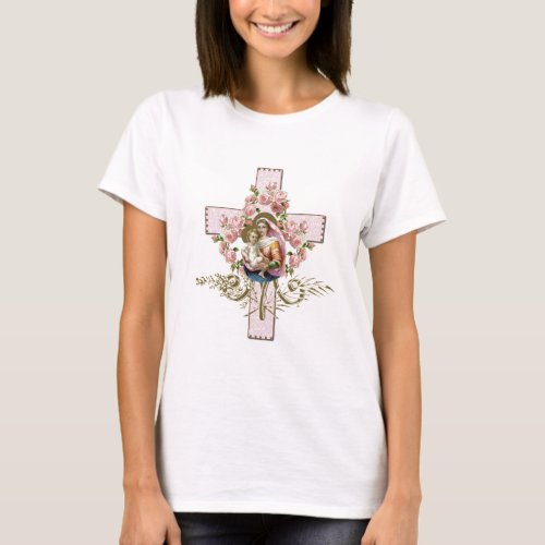 Catholic Jesus Mary Cross Religious Floral T_Shirt