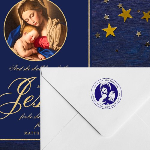 Catholic Madonna and Child Blue Return Address Self_inking Stamp