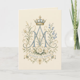 Catholic Marian Cross Blue Floral Monogram Thank You Card