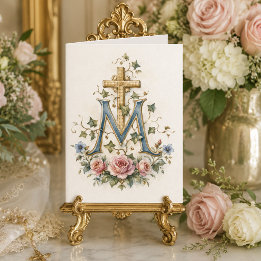 Catholic Marian Cross Floral Scripture Monogram Thank You Card