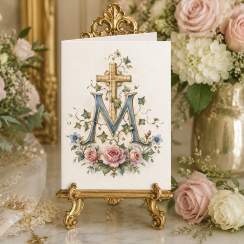 Catholic Marian Cross Floral Scripture Monogram Thank You Card