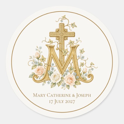 Catholic Marian Cross Monogram with roses Classic Round Sticker