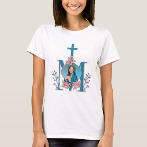 Catholic Marian Cross Virgin Mary Pink Roses T_Shirt