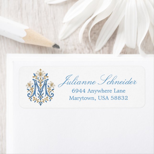Catholic Marian Monogram Blue & Gold Label (Insitu)