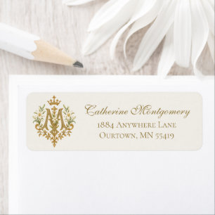 Catholic Marian Monogram Gold Crown Lily Label