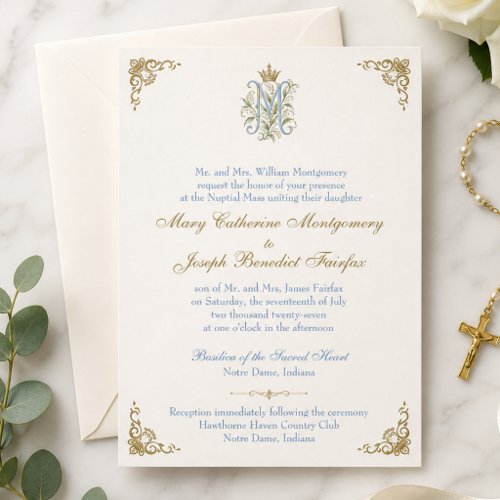 Catholic Marian Monogram Nuptial Mass Wedding Invitation