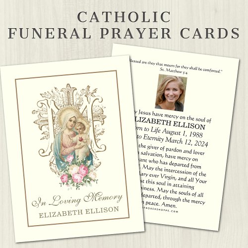 Catholic Mary Jesus  Floral Funeral Prayer Cards