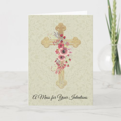 Catholic Mass Memorial Offering Cross Pink Flowers Card