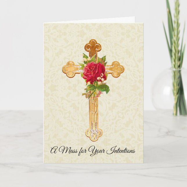 Catholic Mass Memorial Offering Cross Red Rose Card (Front)