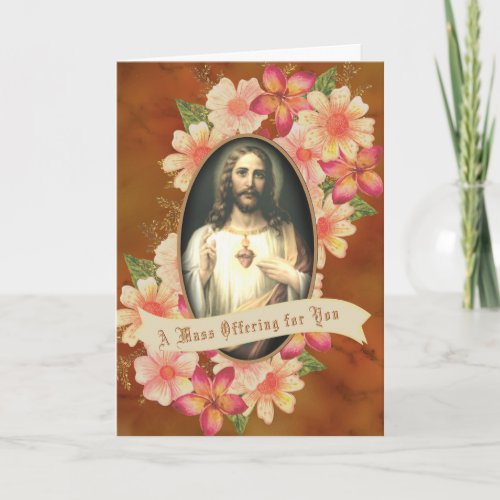 Catholic Mass Offering Floral Sacred Heart Jesus Holiday Card