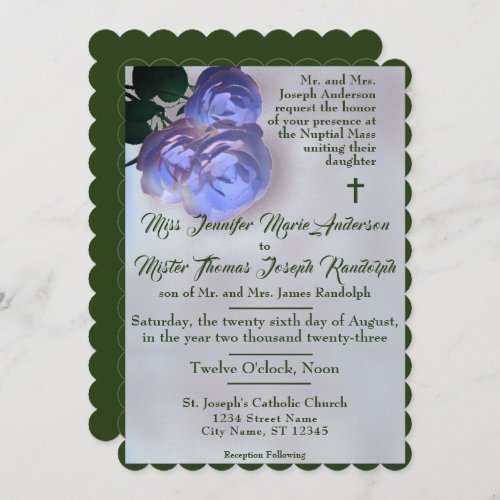 Catholic Misty Mauve and Green Wedding Invitation