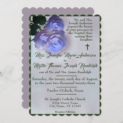 Catholic Misty Mauve and Green Wedding Invitation