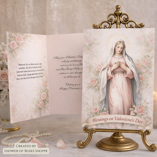 Catholic Mother Mary Pink Roses Valentine Holiday Card (Creator Uploaded)