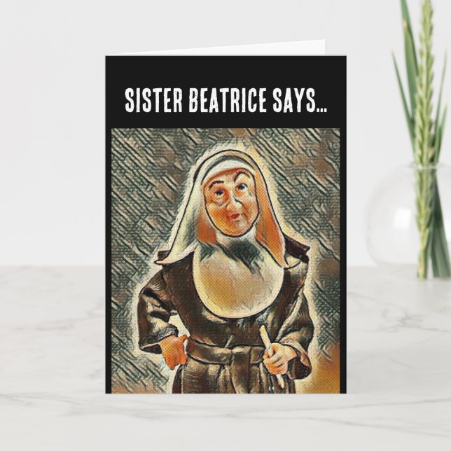CATHOLIC NUN BIRTHDAY RULER BEATING FUNNY CARD (Front)