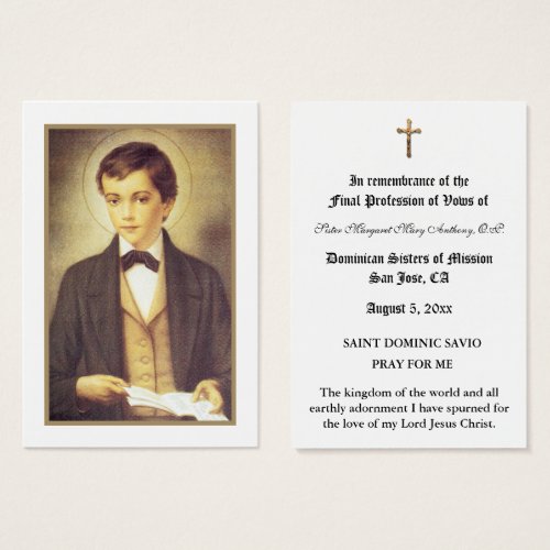 CATHOLIC NUN PROFESSION OF VOWS HOLY CARD