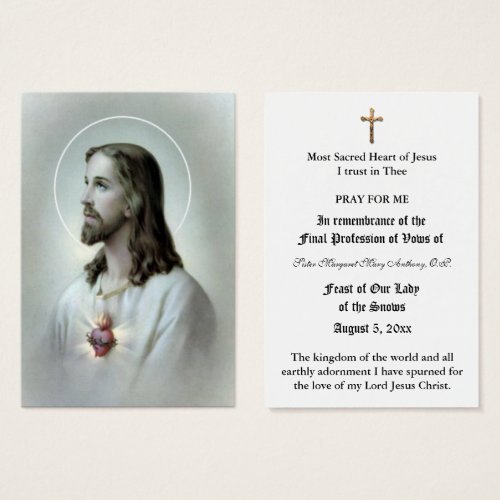 CATHOLIC NUN PROFESSION OF VOWS HOLY CARD