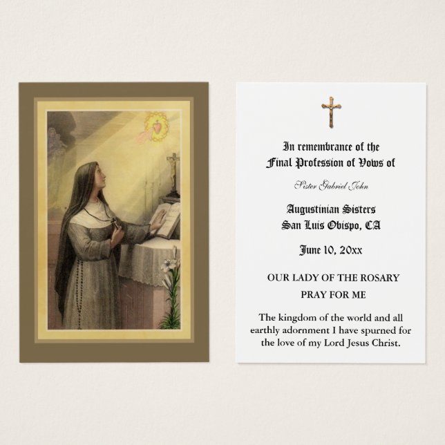 CATHOLIC NUN PROFESSION OF VOWS HOLY CARD (Front & Back)