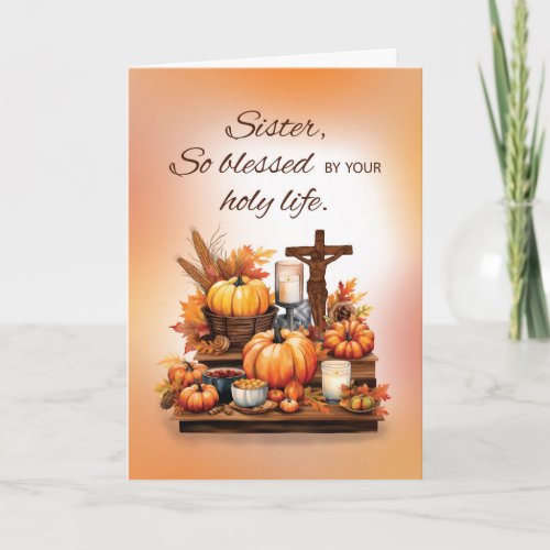 Catholic Nun Thanksgiving with Crucifix Pumpkin Card