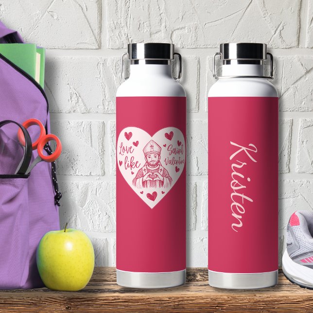 Catholic Pink Heart Love Like St. Valentine Water Bottle (Creator Uploaded)