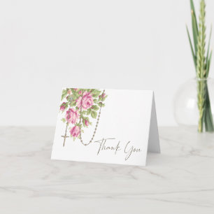 Catholic Pink Roses Blessed Mary Rosary Letterpress Thank You Card