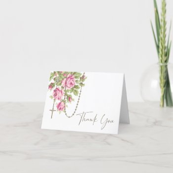 Catholic Pink Roses Blessed Mary Rosary Thank You Card by ShowerOfRoses at Zazzle