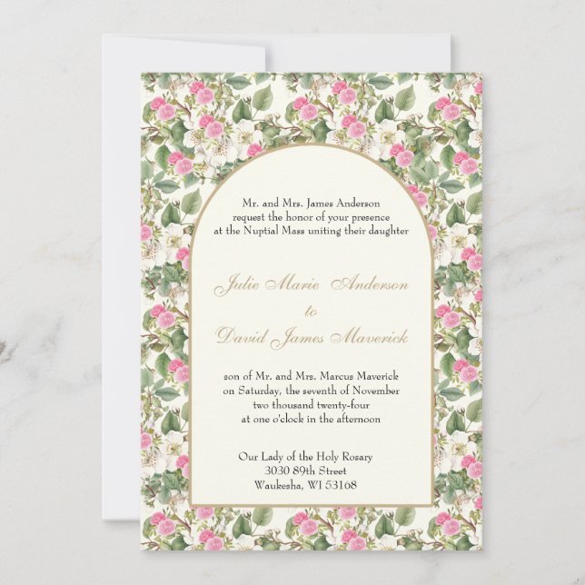 Catholic Pink & White Floral Religious Wedding  Invitation (Front)