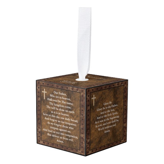 Catholic Prayer Cube Ornament Personalized Rustic (Front Angled)