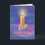 Catholic Priest Birthday Blessings with Shining Card<br><div class="desc">A lighted candle shines strongly,  just as the life of a priest. Beautiful illuminated bokeh background in blues and purples sets off the candle. Wish happy birthday to a Catholic priest.</div>