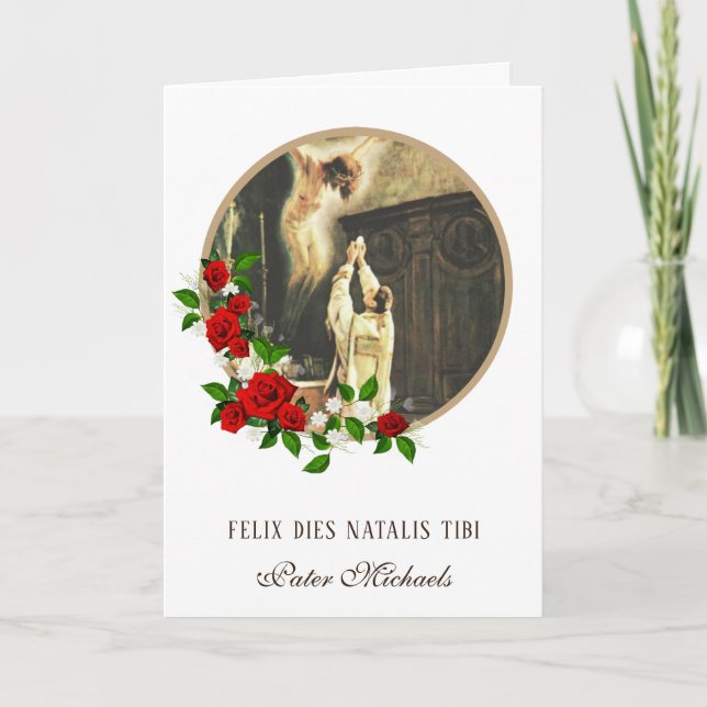 Catholic Priest Latin Birthday Crucifix Roses Card (Front)