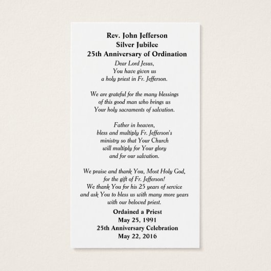 CATHOLIC PRIEST ORDINATION ANIVERSARY PRAYER CARD (Back)