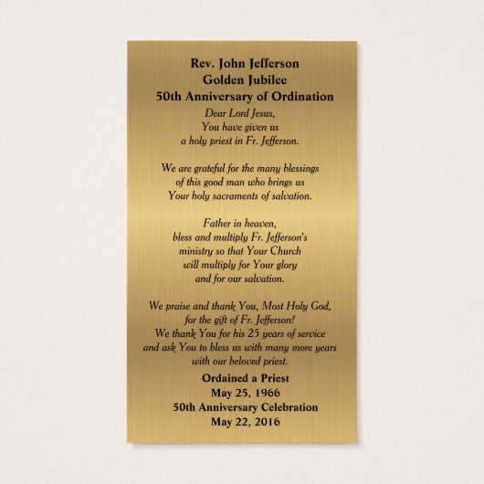 CATHOLIC PRIEST ORDINATION ANIVERSARY PRAYER CARD (Back)