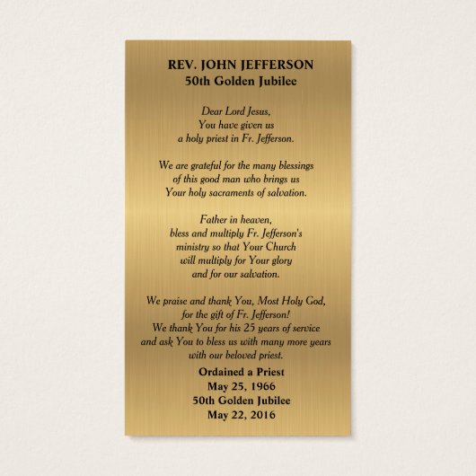 CATHOLIC PRIEST ORDINATION GOLDEN PRAYER CARD (Back)