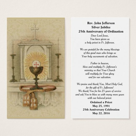 CATHOLIC PRIEST ORDINATION TABERNACLE PRAYER CARD (Front & Back)