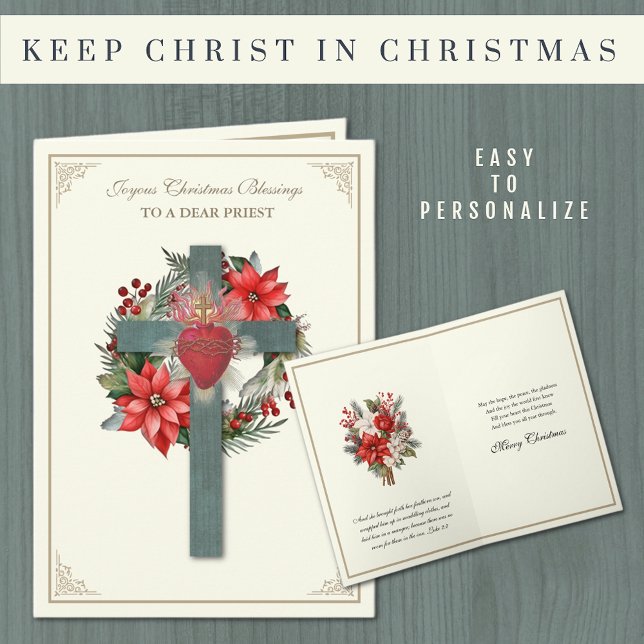 Catholic Priest Poinsettia Cross Heart of Jesus Holiday Card (Traditional Catholic Priest Christmas Card with Sacred Heart of Jesus and poinsettias.)