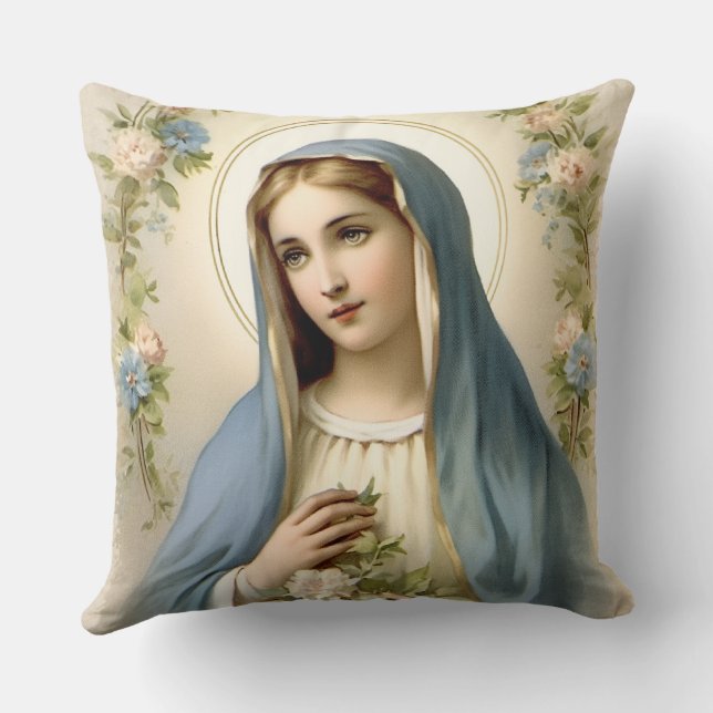 Catholic Religious Blessed St. Mary Floral  Throw Pillow (Back)