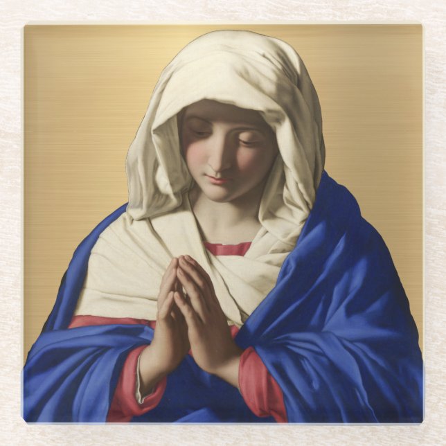 Catholic Religious Blessed Virgin Mary Gold Glass Coaster (Front)