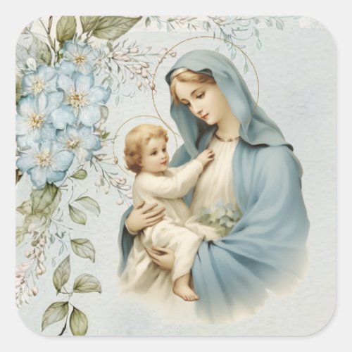 Catholic Religious Floral Jesus Virgin Mary  Square Sticker