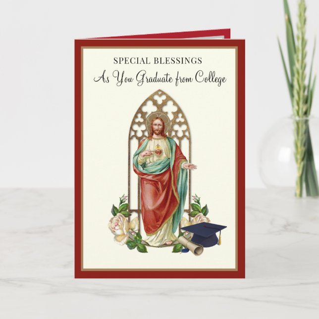 Catholic Religious Graduation Sacred Heart Roses  Card (Front)
