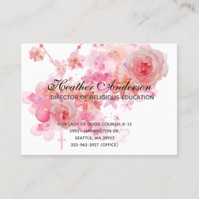 Catholic Religious Rosary Pink Roses Religious Business Card (Front)