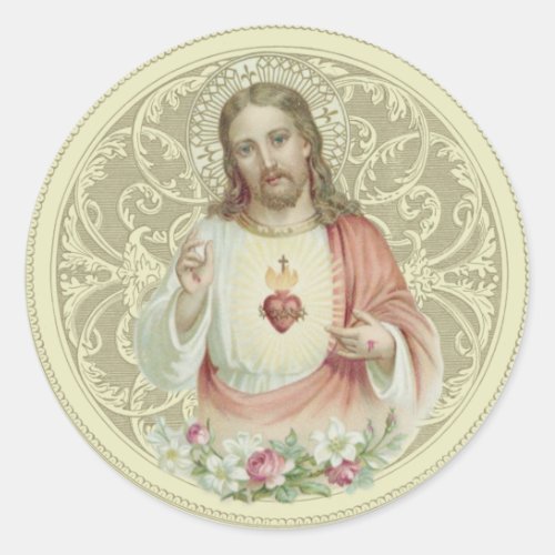 Catholic Religious Sacred Heart Floral Jesus Classic Round Sticker